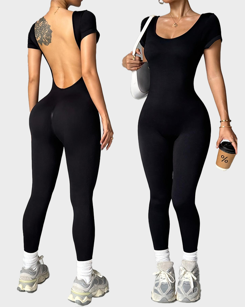 Backless Short Sleeve Stretchy Knit Yoga Casual Sporty Above Ankle Jumpsuit