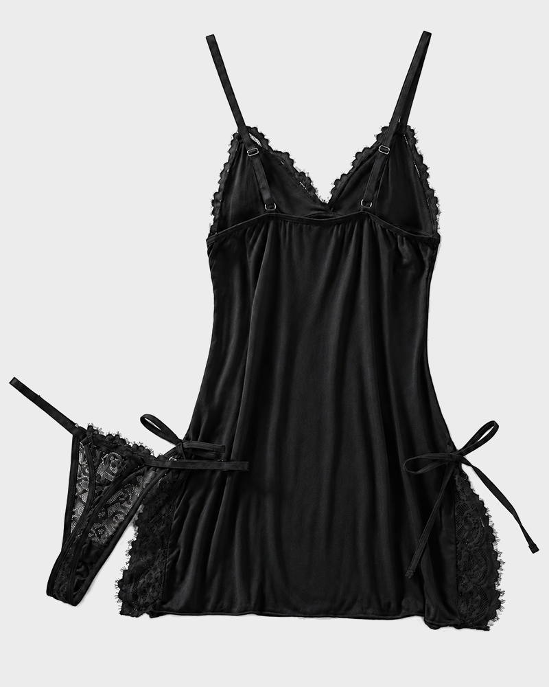Bow Lace Cami Nightdress & Thong Set Soft Sexy Sleepwear Loungewear