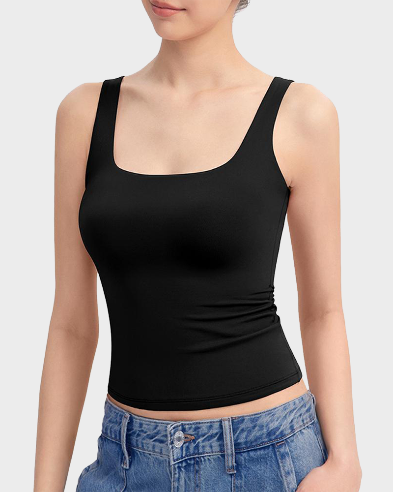 Square Neck Double Layer Stretchy Cami Soft Wide Strap Tank Top