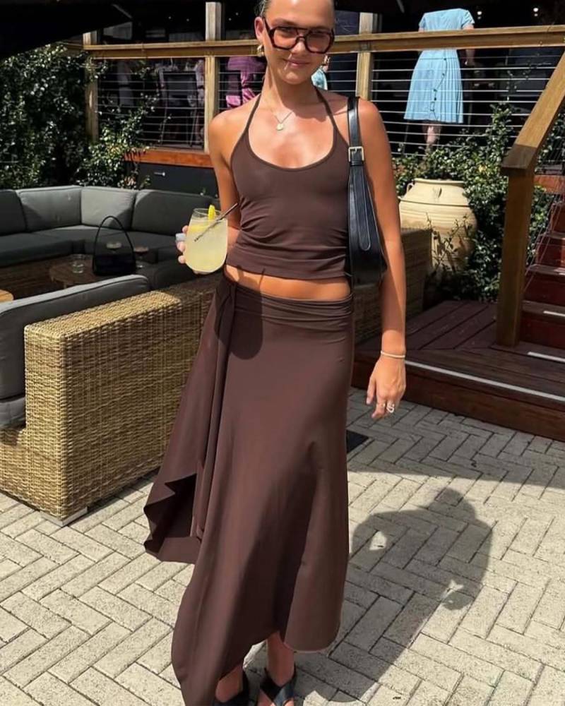 Women's Backless Tie Neck Cami & Side Split Skirt Ruffle Two Piece Set