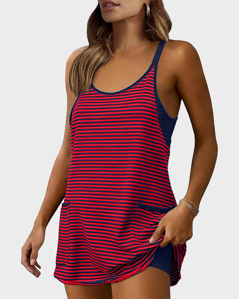 Women's 4th of July V Neck Striped Sleeveless Athletic Mini Dress with Built in Shorts