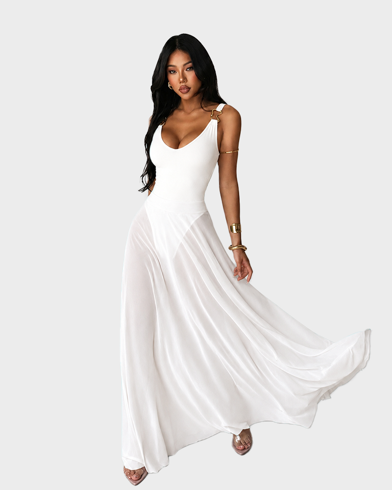 Deep V Neck Tulle Sheer Cami Lightweight Fit Sleeveless Maxi Dress
