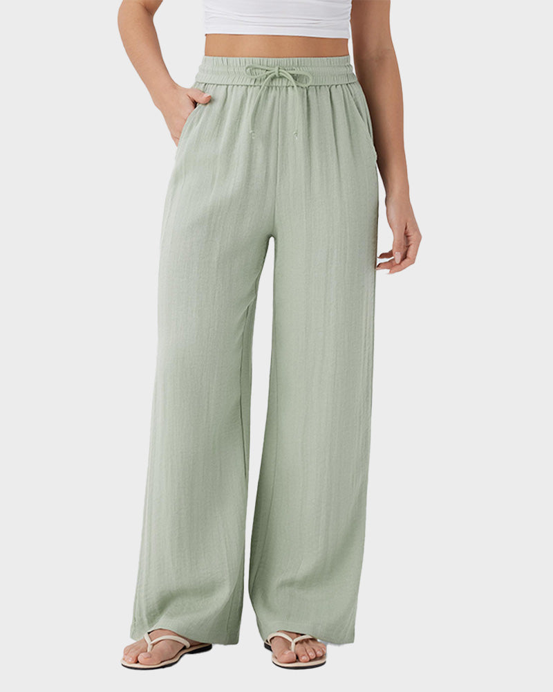 High Waisted Drawstring Pocket Wide Leg Casual Linen-Feel Pants