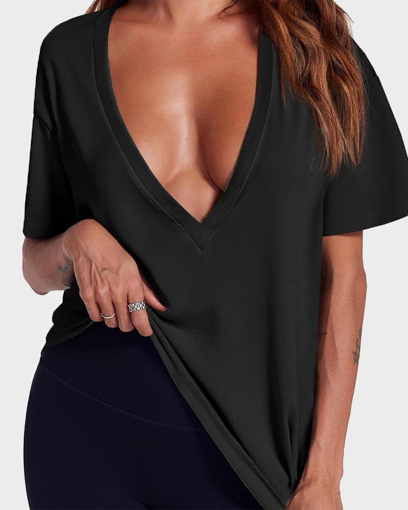 Women's Deep V Loose Short Sleeve Basic Tee Girly Casual Streetwear for Bikini