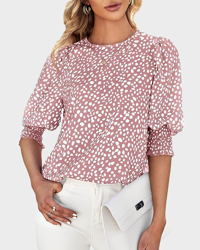 Women's Polka Dot 3/4 Sleeve Crew Neck Blouse Casual Soft Office Top