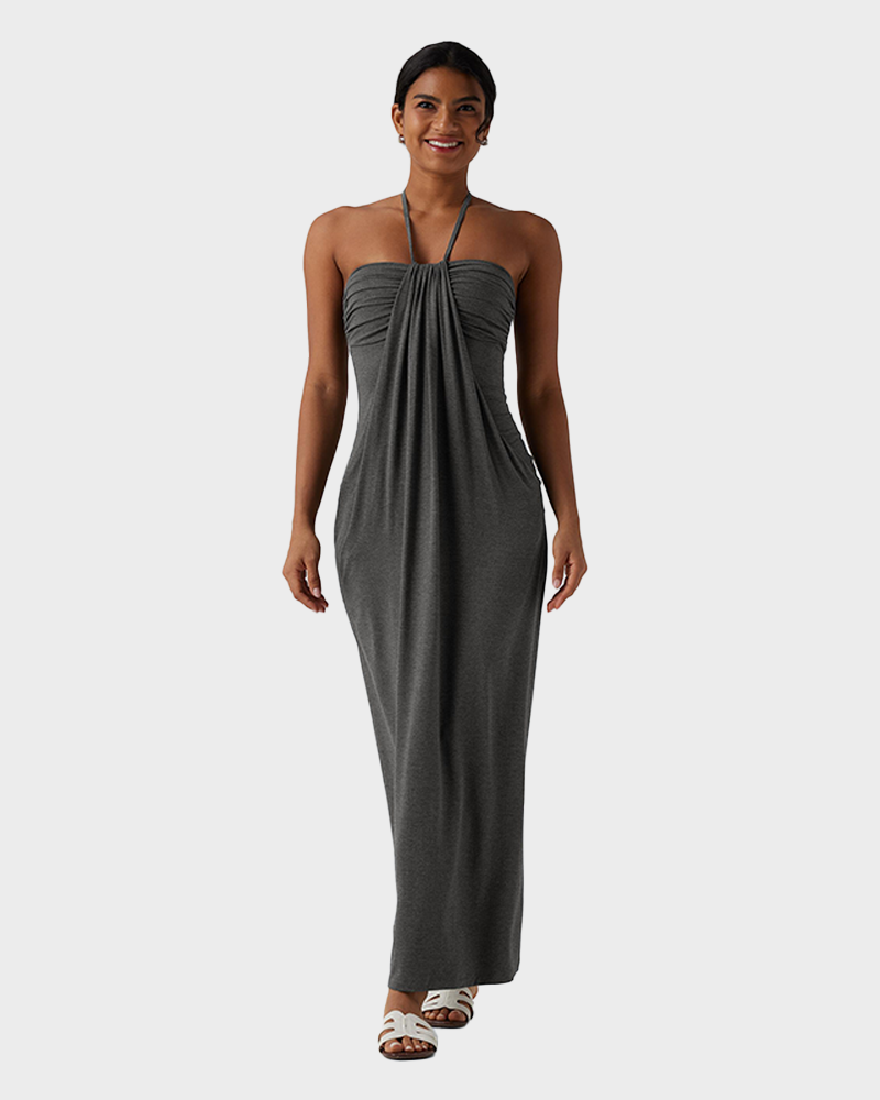 Strapless Halter Neck Sexy Backless with Pockets Tie Back Maxi Dress