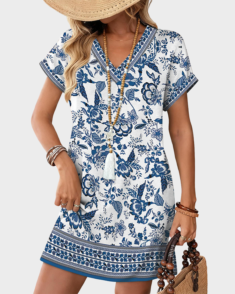 Women's Casual V Neck Short Sleeve T Shirt Dress
