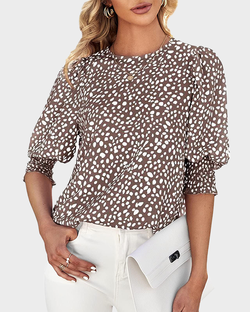 Women's Polka Dot 3/4 Sleeve Crew Neck Blouse Casual Soft Office Top