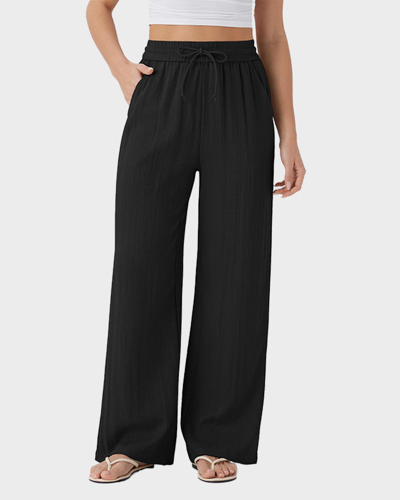 High Waisted Drawstring Pocket Wide Leg Casual Linen-Feel Pants