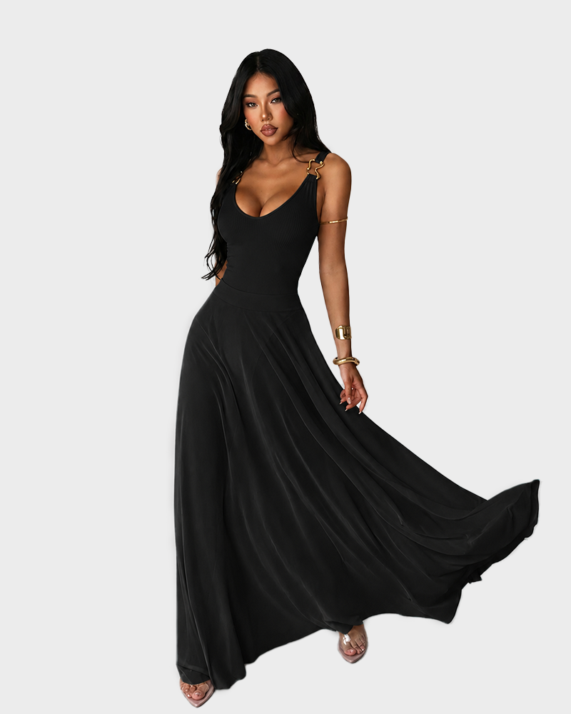 Deep V Neck Tulle Sheer Cami Lightweight Fit Sleeveless Maxi Dress