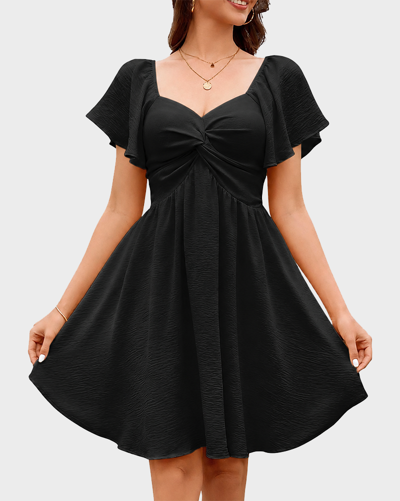 Sweetheart Knot Front Flutter Sleeve Tie Back A Line Floral Mini Dress
