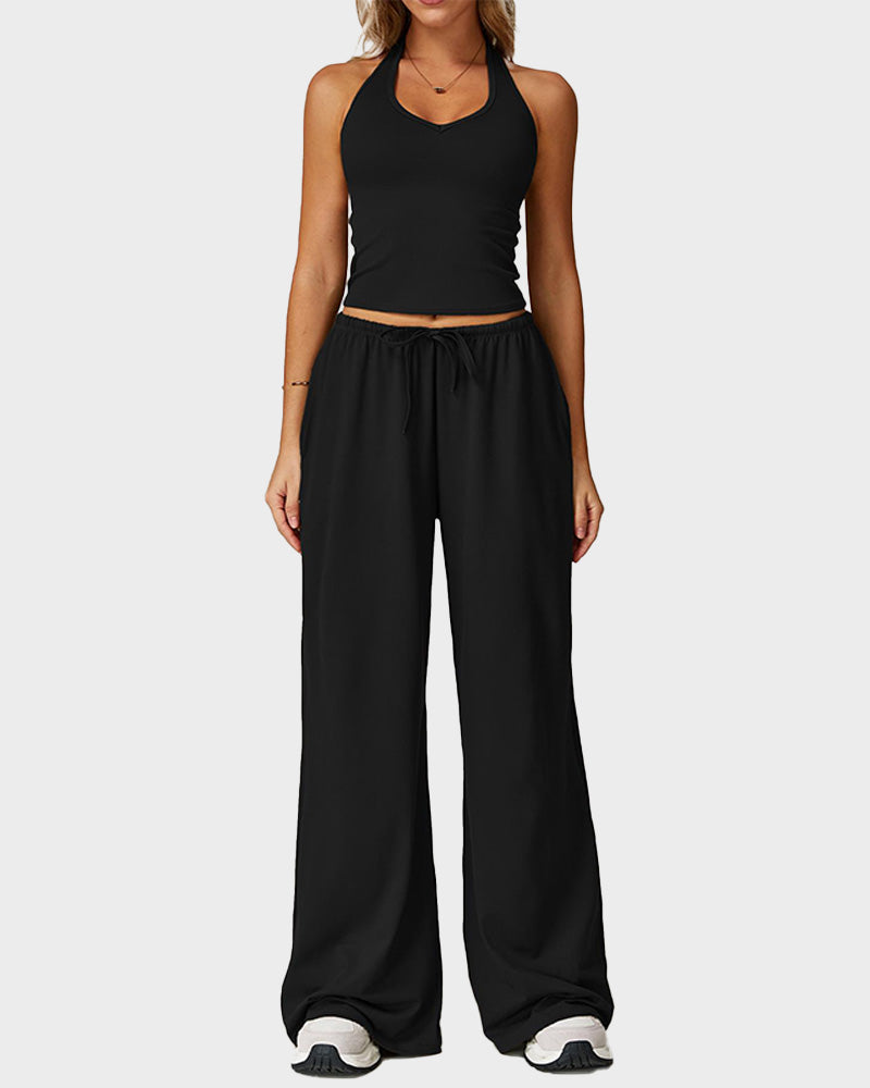 V Neck Strappy Top & Wide Leg Pants Casual Summer 2 Piece Set
