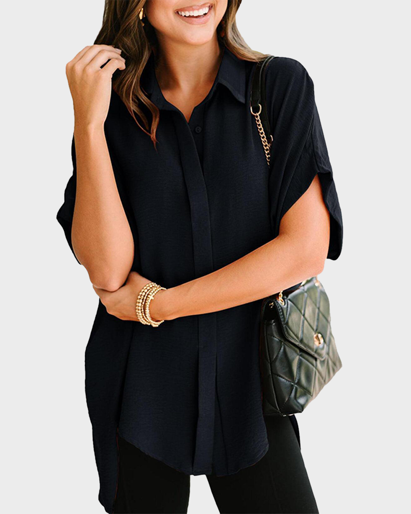 V Neck Batwing Short Sleeve Button Down Oversized Minimalist Blouse