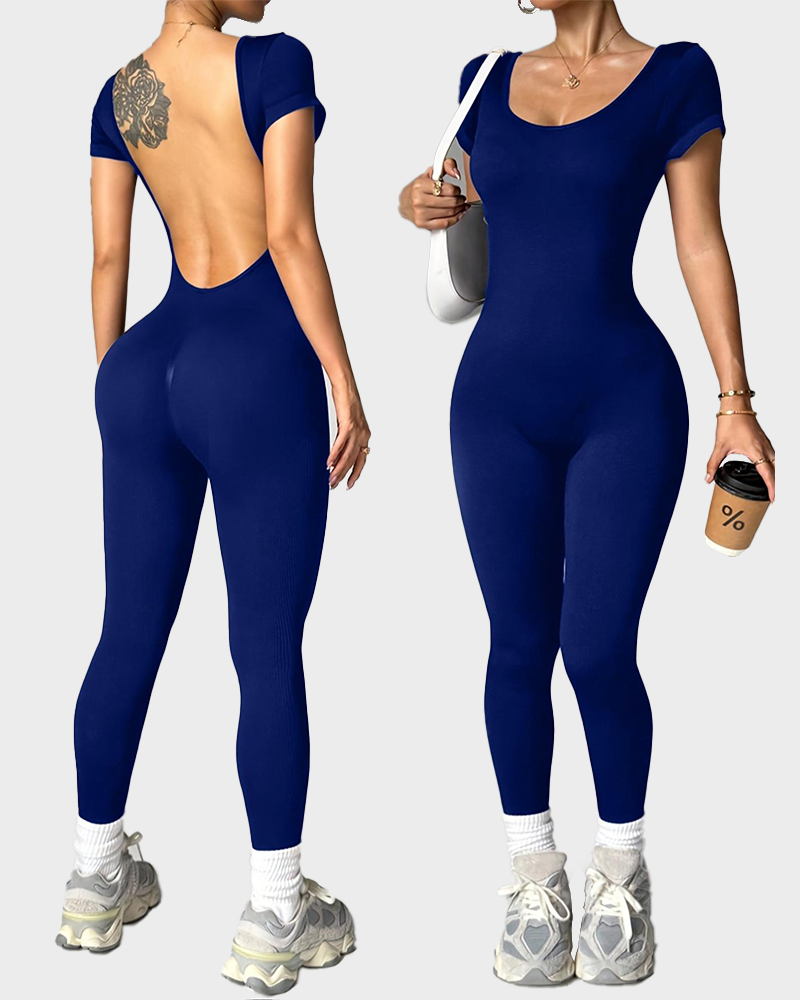 Backless Short Sleeve Stretchy Knit Yoga Casual Sporty Above Ankle Jumpsuit
