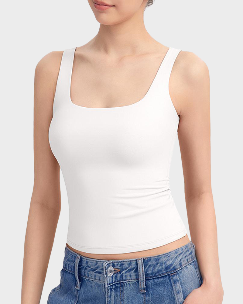 Square Neck Double Layer Stretchy Cami Soft Wide Strap Tank Top