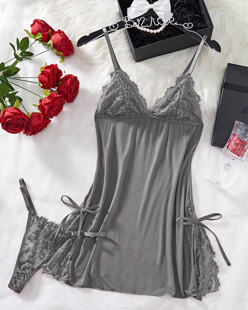 Bow Lace Cami Nightdress & Thong Set Soft Sexy Sleepwear Loungewear
