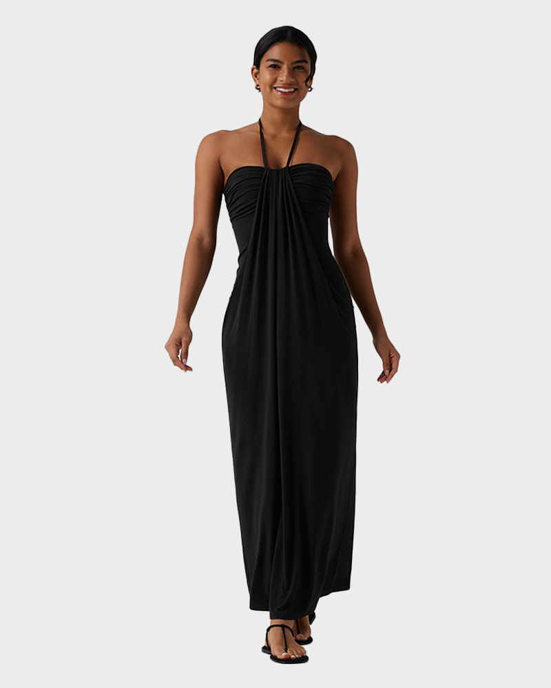 Strapless Halter Neck Sexy Backless with Pockets Tie Back Maxi Dress