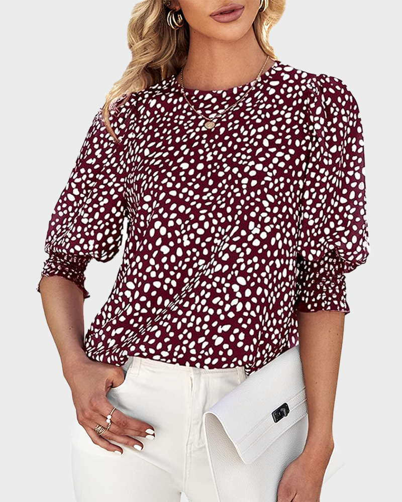 Women's Polka Dot 3/4 Sleeve Crew Neck Blouse Casual Soft Office Top