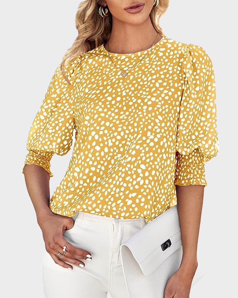 Women's Polka Dot 3/4 Sleeve Crew Neck Blouse Casual Soft Office Top