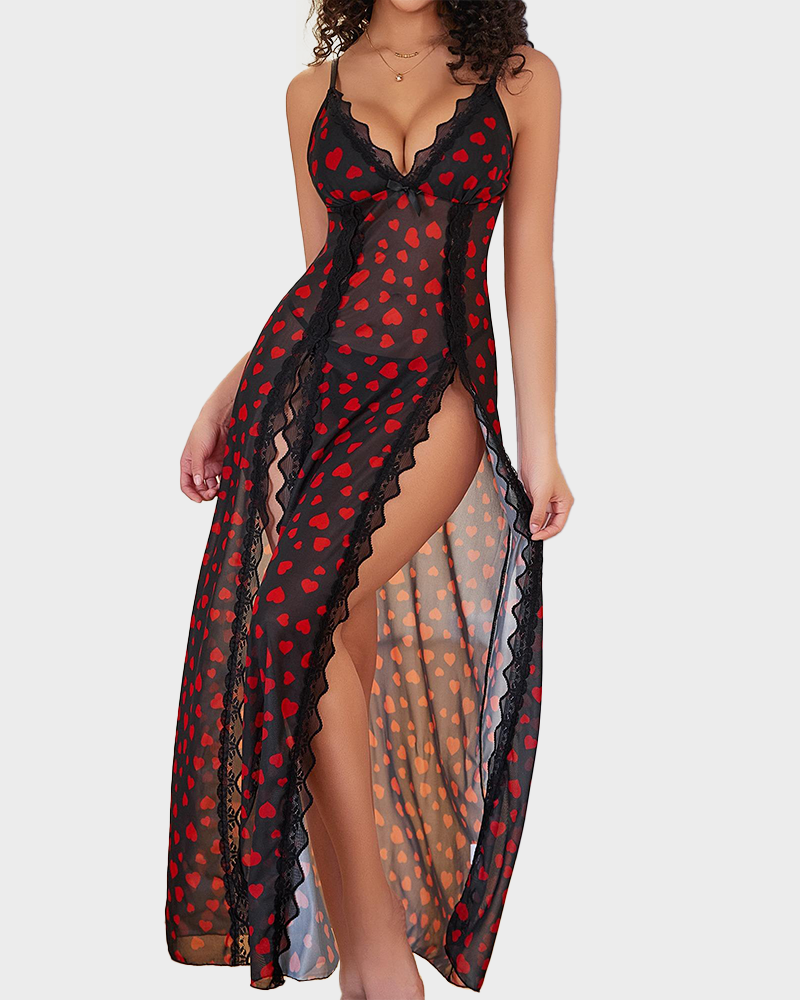 Sexy Lace Mesh V Neck Side Split Babydoll Chemise Nightgown