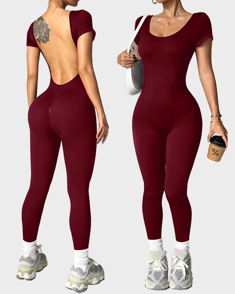 Backless Short Sleeve Stretchy Knit Yoga Casual Sporty Above Ankle Jumpsuit