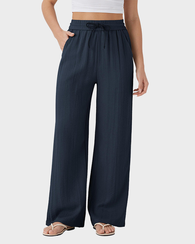 High Waisted Drawstring Pocket Wide Leg Casual Linen-Feel Pants