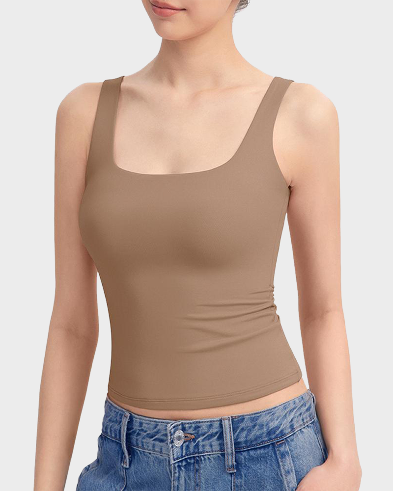 Square Neck Double Layer Stretchy Cami Soft Wide Strap Tank Top