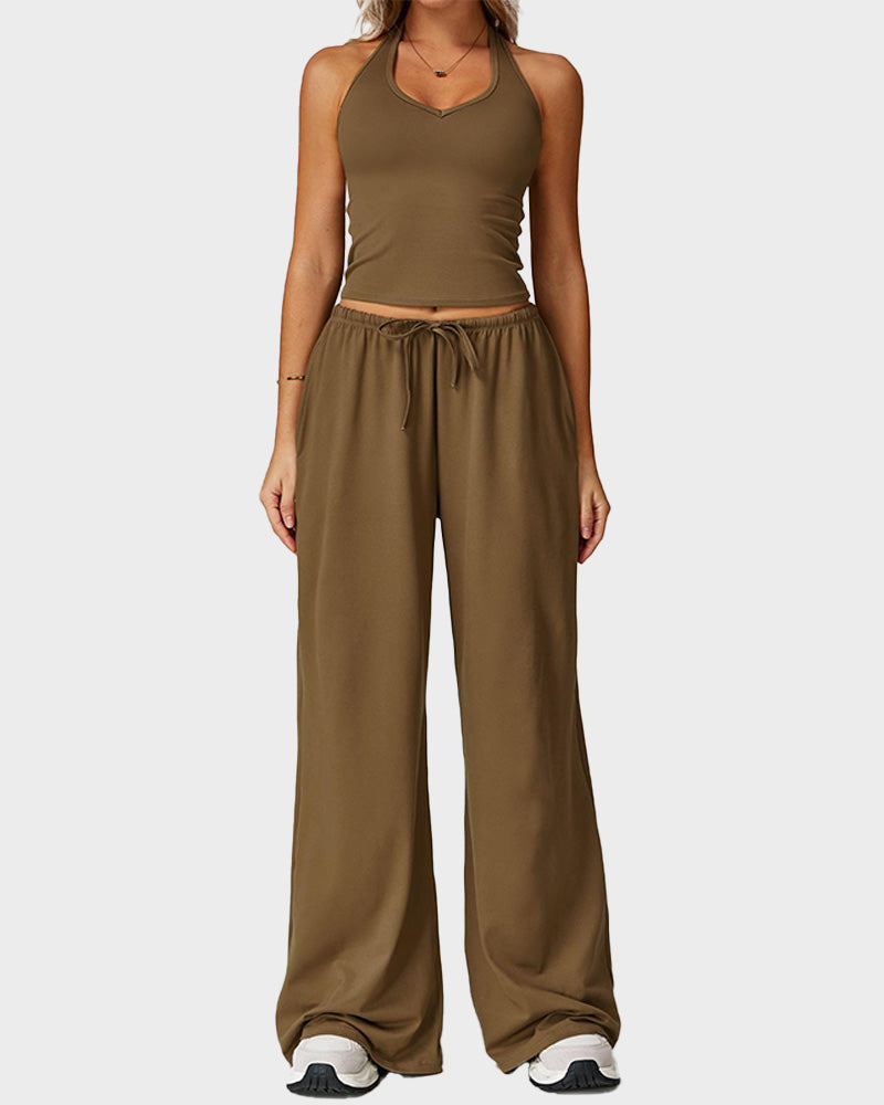 V Neck Strappy Top & Wide Leg Pants Casual Summer 2 Piece Set