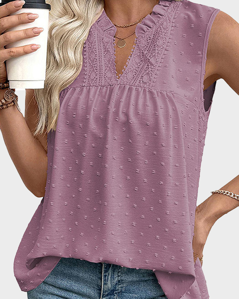 Loose Lace V Neck Swiss Dot Smocked Sleeveless Casual Tank Top