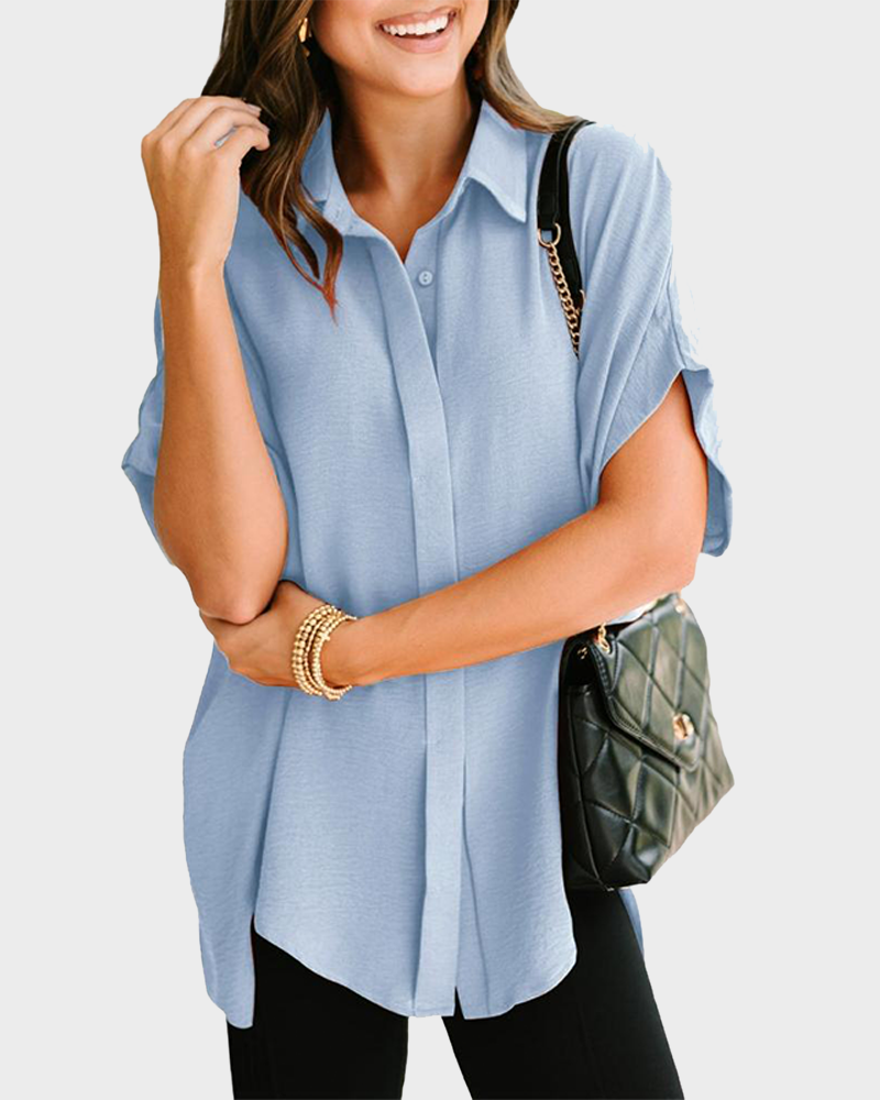 V Neck Batwing Short Sleeve Button Down Oversized Minimalist Blouse