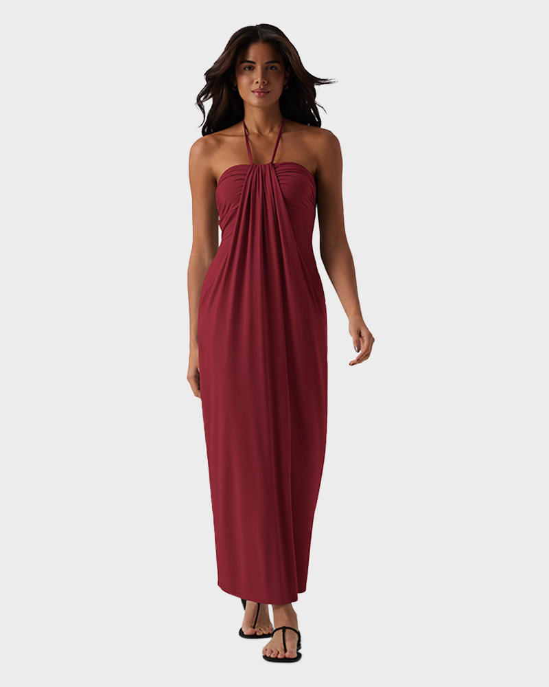 Strapless Halter Neck Sexy Backless with Pockets Tie Back Maxi Dress
