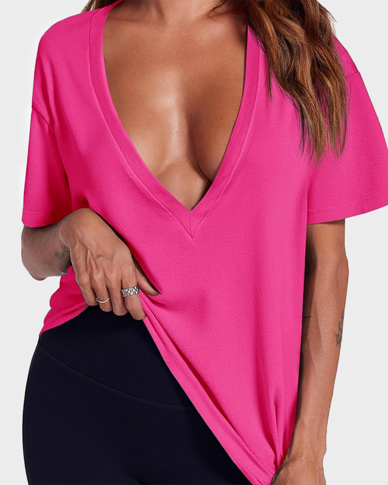Women's Deep V Loose Short Sleeve Basic Tee Girly Casual Streetwear for Bikini