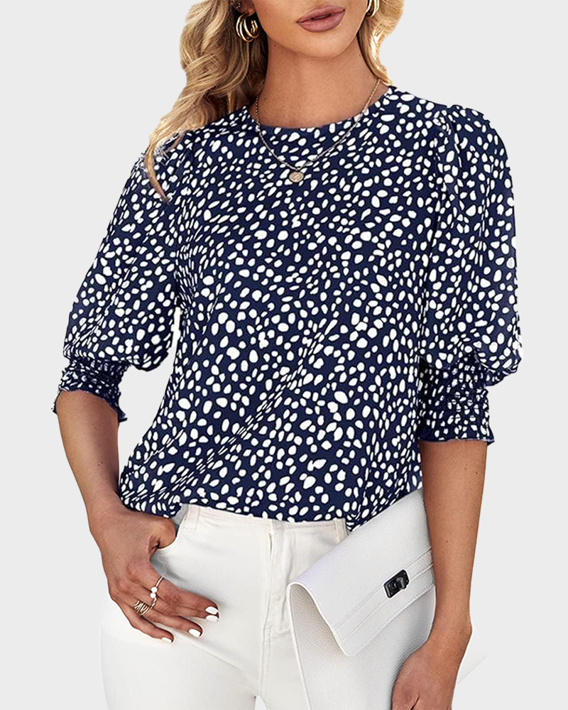Women's Polka Dot 3/4 Sleeve Crew Neck Blouse Casual Soft Office Top