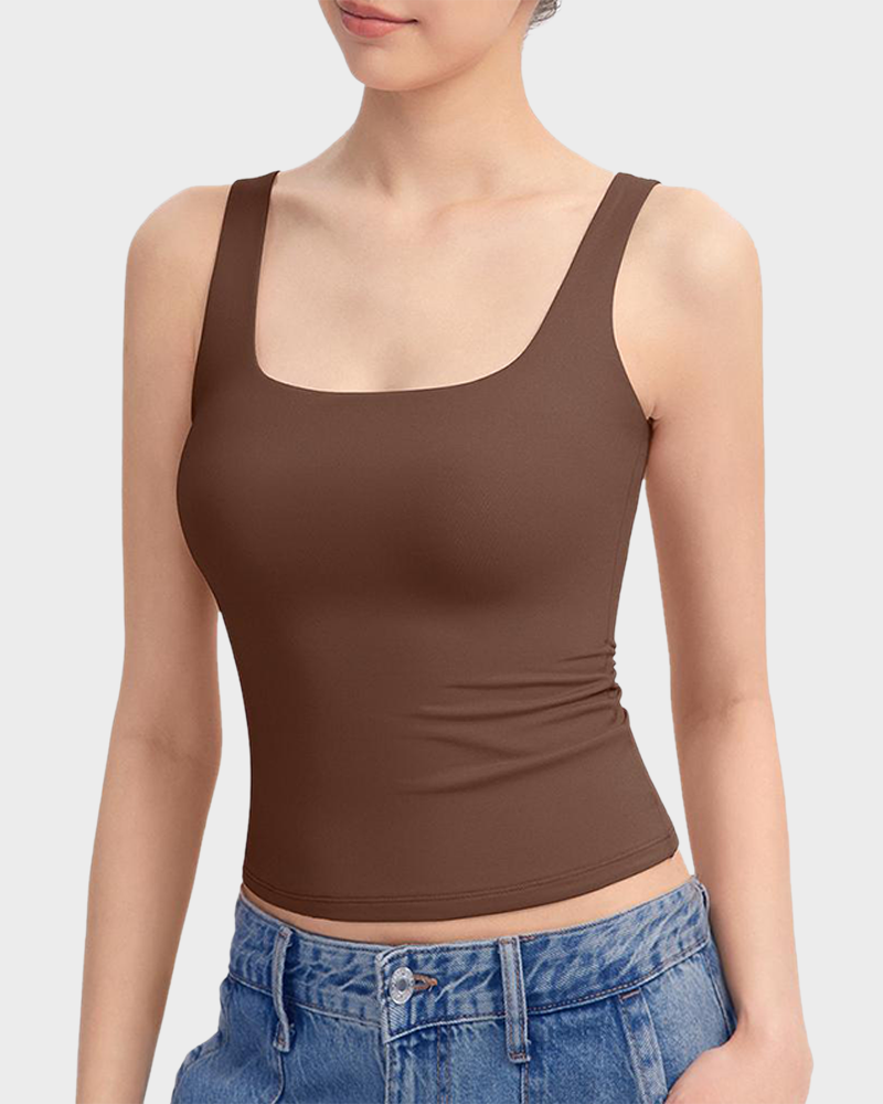 Square Neck Double Layer Stretchy Cami Soft Wide Strap Tank Top