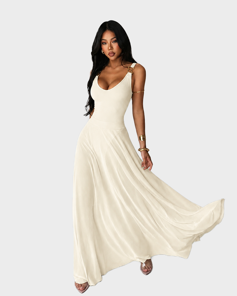 Deep V Neck Tulle Sheer Cami Lightweight Fit Sleeveless Maxi Dress