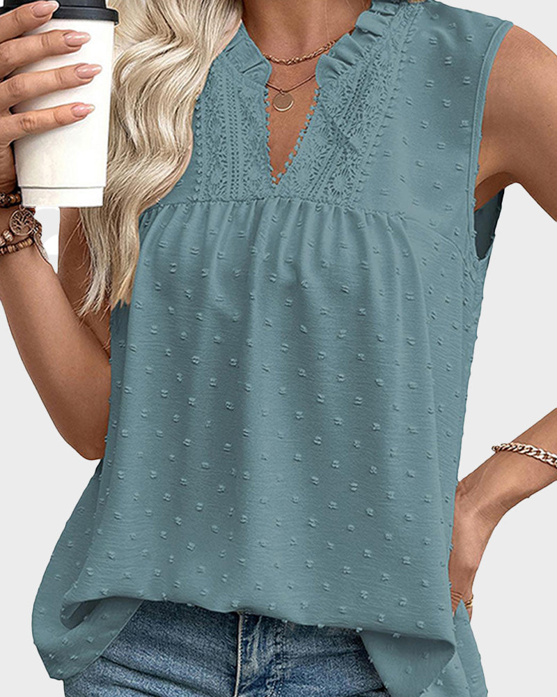 Loose Lace V Neck Swiss Dot Smocked Sleeveless Casual Tank Top