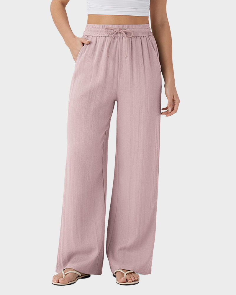 High Waisted Drawstring Pocket Wide Leg Casual Linen-Feel Pants