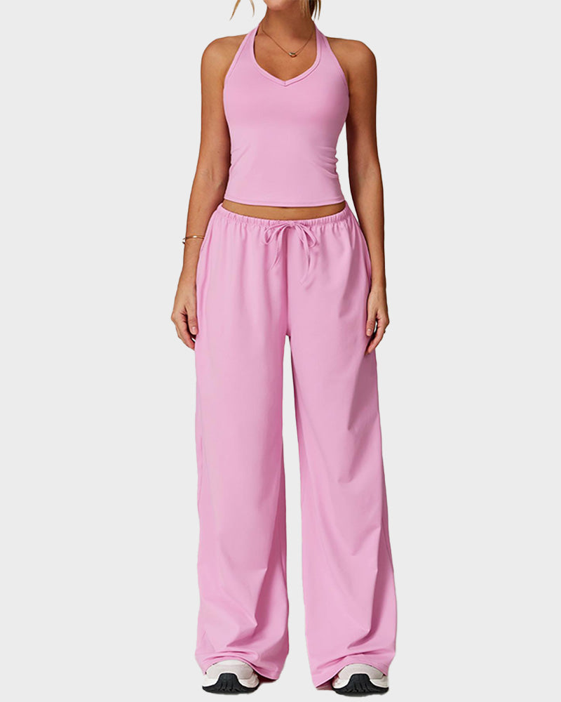V Neck Strappy Top & Wide Leg Pants Casual Summer 2 Piece Set