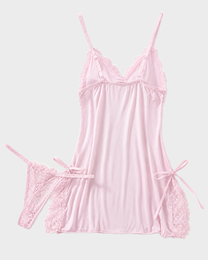 Bow Lace Cami Nightdress & Thong Set Soft Sexy Sleepwear Loungewear
