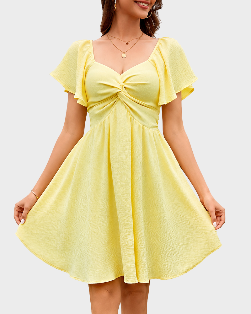 Sweetheart Knot Front Flutter Sleeve Tie Back A Line Floral Mini Dress