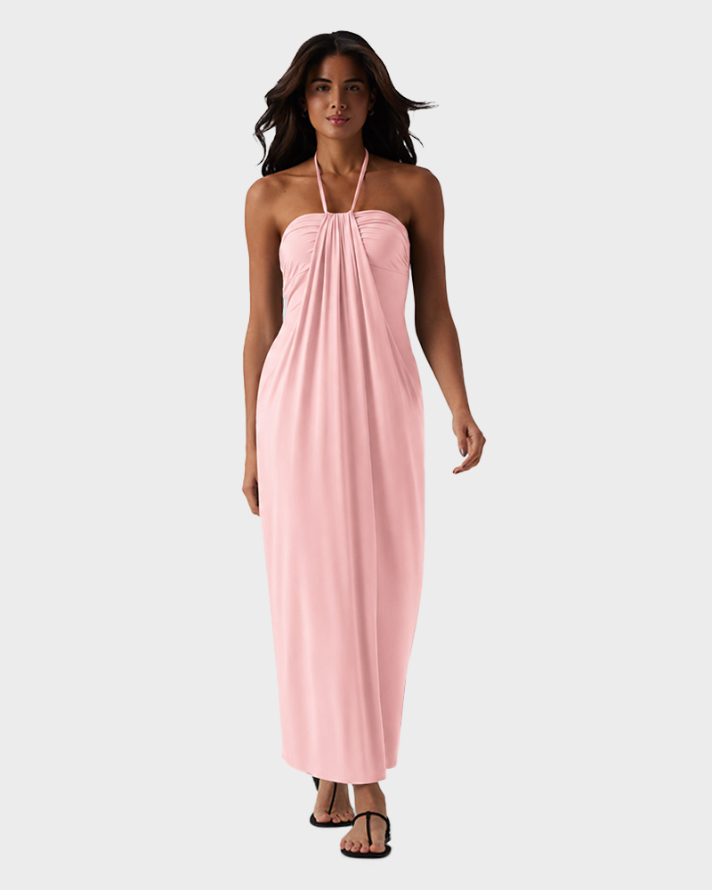 Strapless Halter Neck Sexy Backless with Pockets Tie Back Maxi Dress