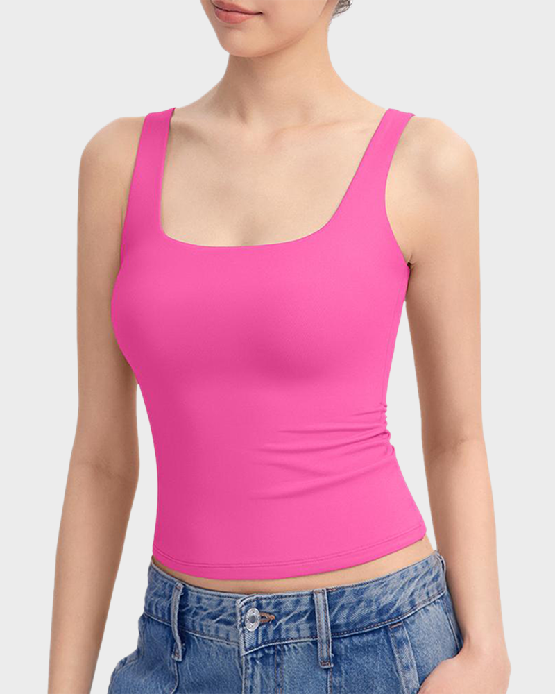 Square Neck Double Layer Stretchy Cami Soft Wide Strap Tank Top