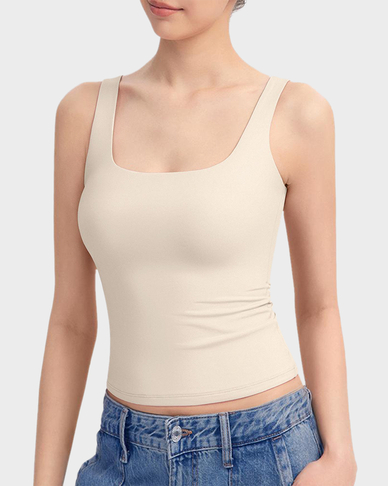 Square Neck Double Layer Stretchy Cami Soft Wide Strap Tank Top