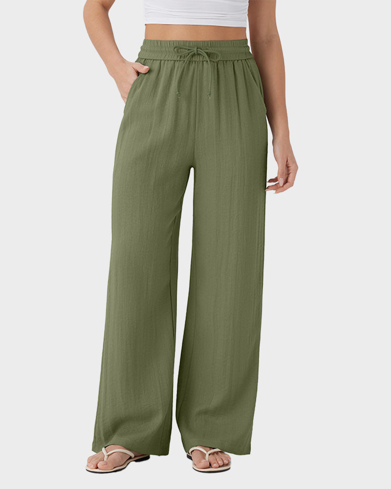 High Waisted Drawstring Pocket Wide Leg Casual Linen-Feel Pants
