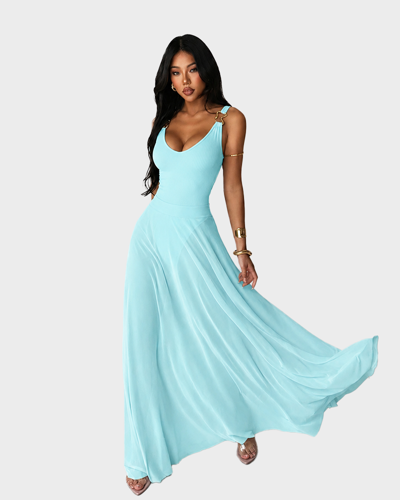 Deep V Neck Tulle Sheer Cami Lightweight Fit Sleeveless Maxi Dress