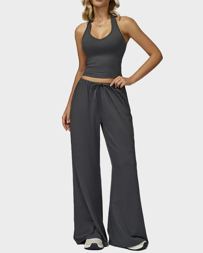 V Neck Strappy Top & Wide Leg Pants Casual Summer 2 Piece Set