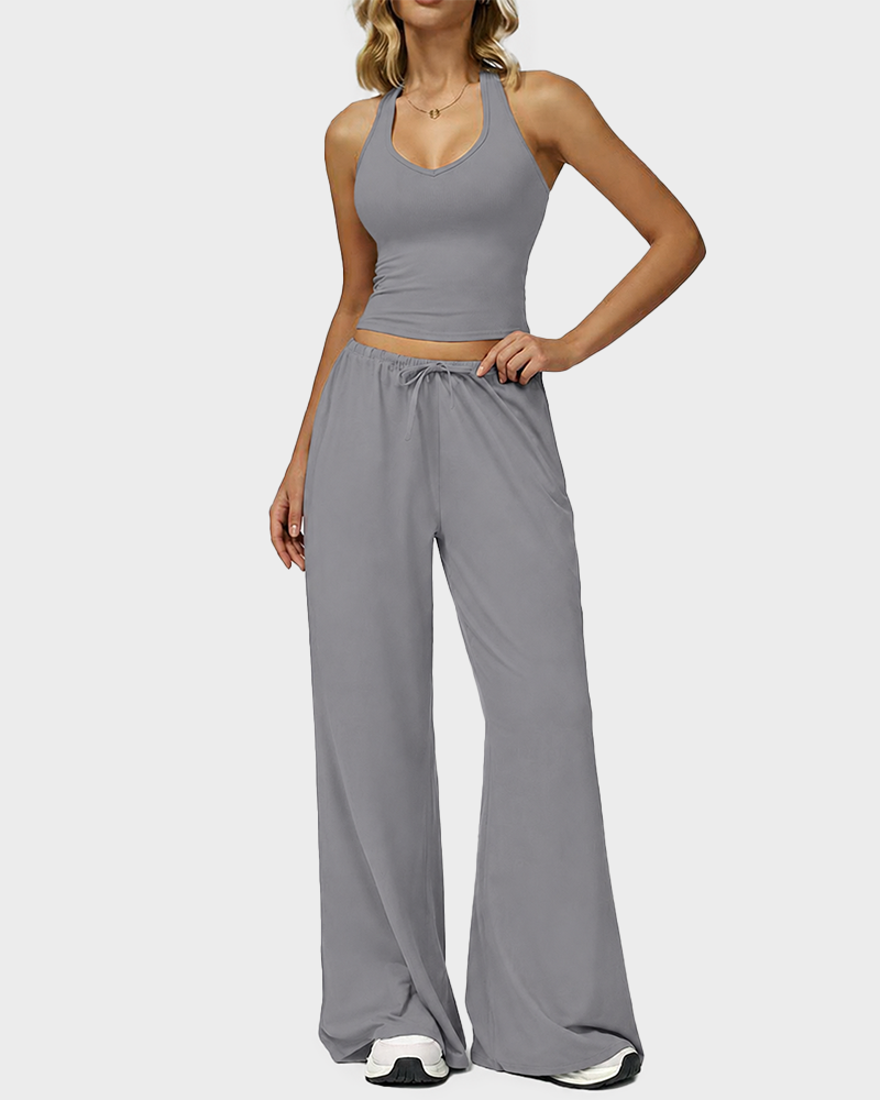 V Neck Strappy Top & Wide Leg Pants Casual Summer 2 Piece Set