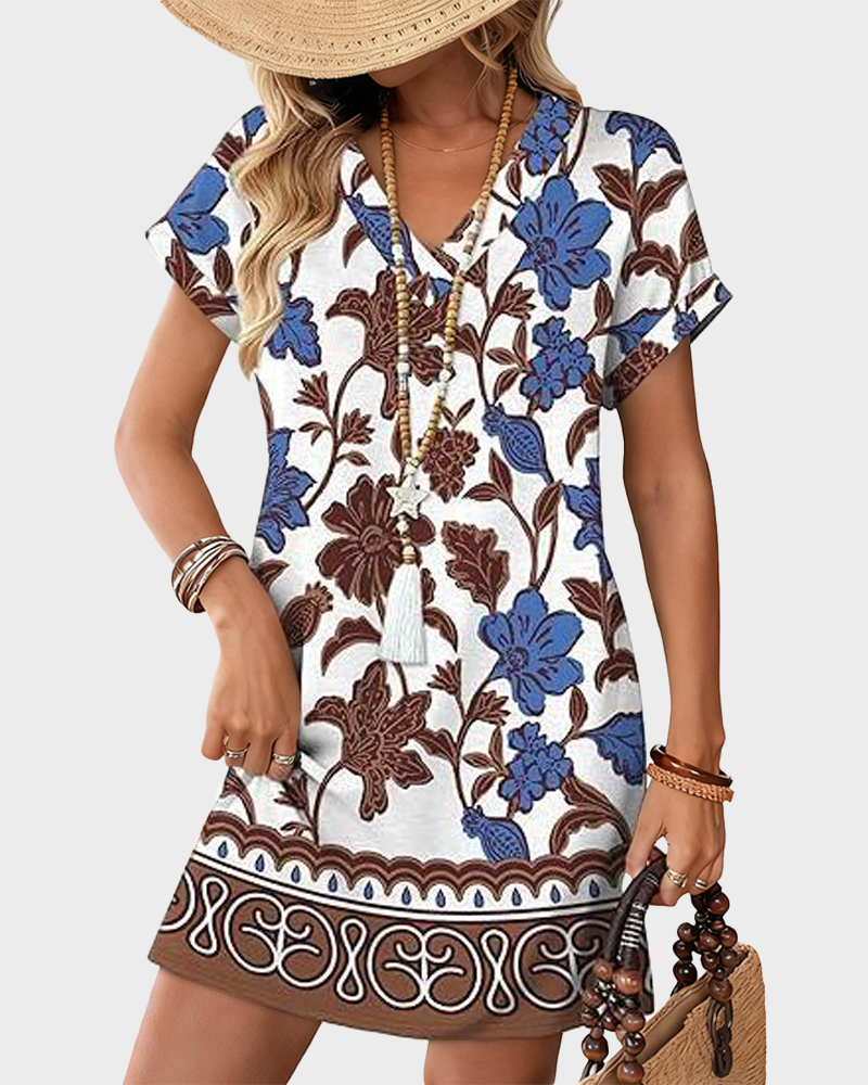Women's Casual V Neck Short Sleeve T Shirt Dress