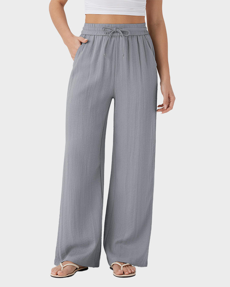 High Waisted Drawstring Pocket Wide Leg Casual Linen-Feel Pants