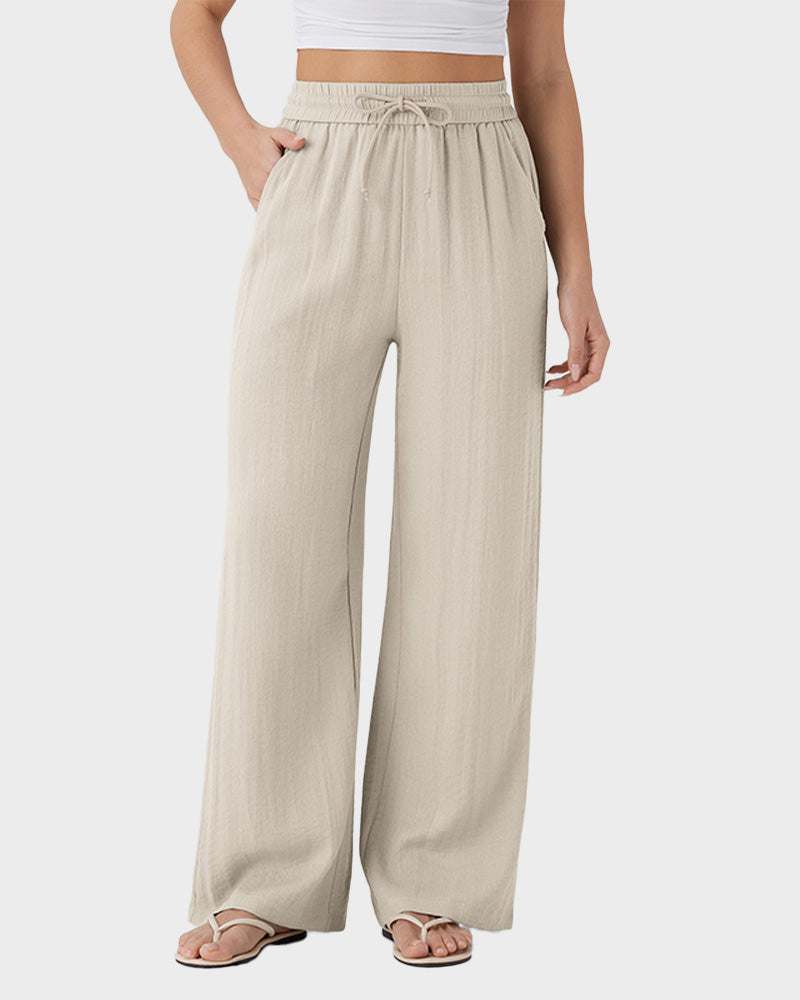 High Waisted Drawstring Pocket Wide Leg Casual Linen-Feel Pants